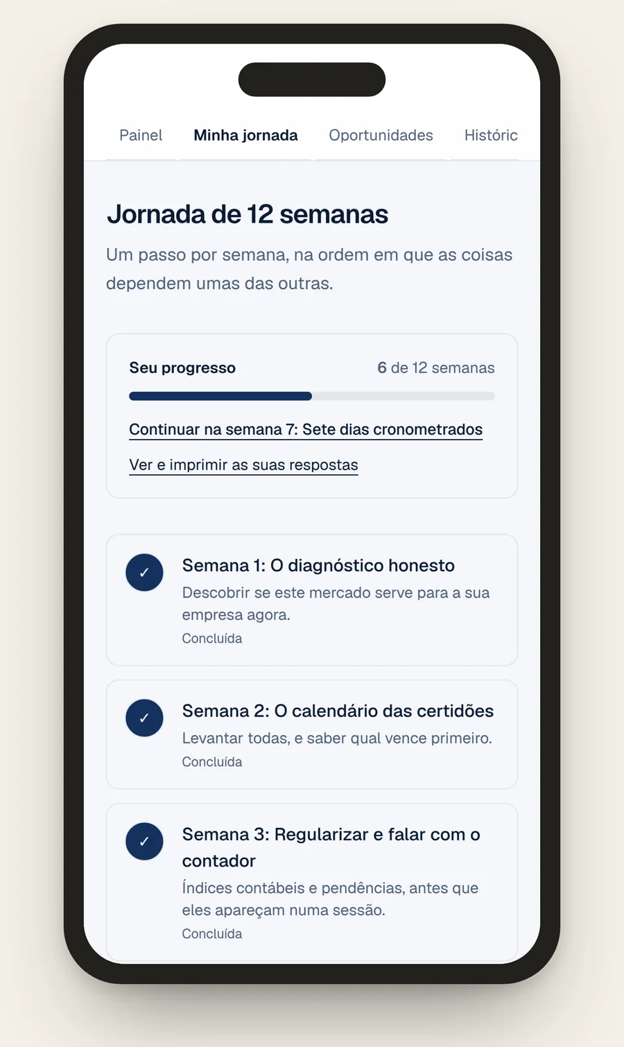 A Jornada de 12 semanas no celular: a lista das semanas, a barra de progresso em seis de doze concluídas e o link para continuar na semana 7.