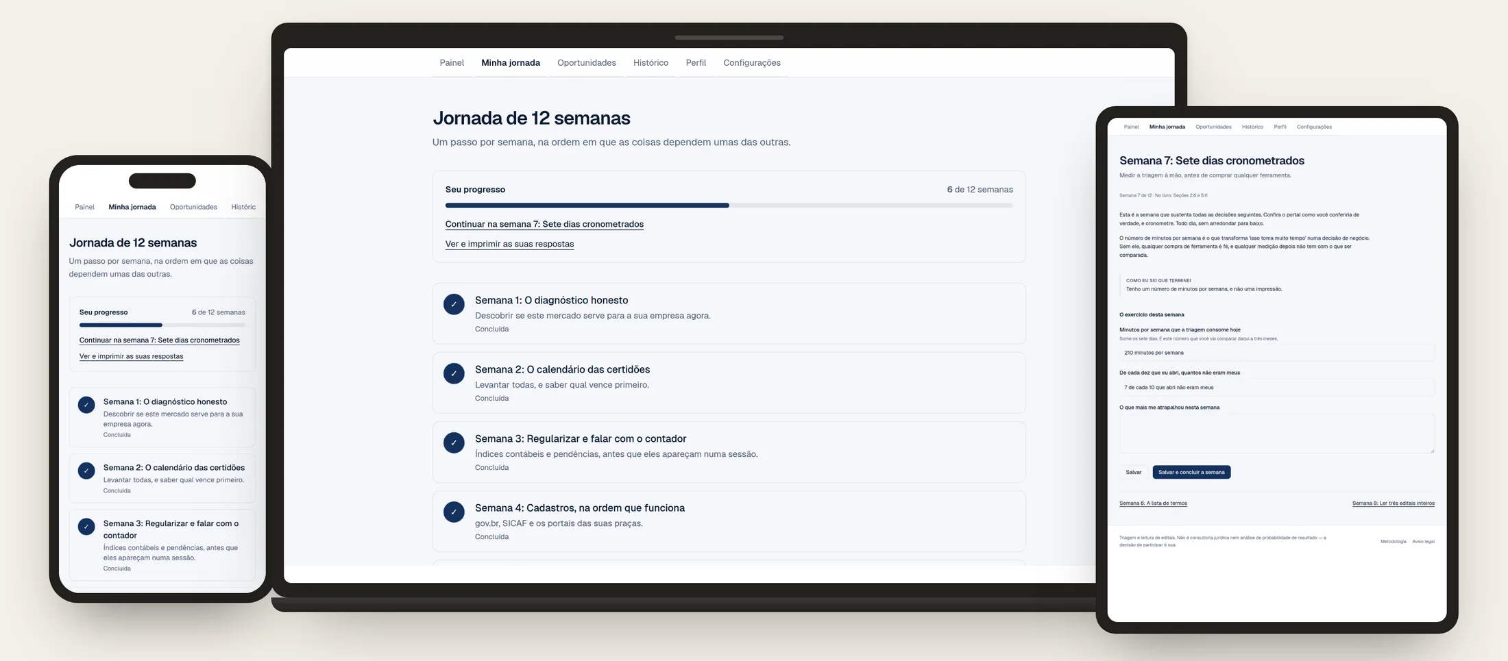 Três telas reais da Jornada de 12 semanas: no notebook, a lista das doze semanas com a barra de progresso em seis concluídas; no tablet, a semana 7 aberta com o exercício preenchido; no celular, a mesma lista adaptada à tela pequena.