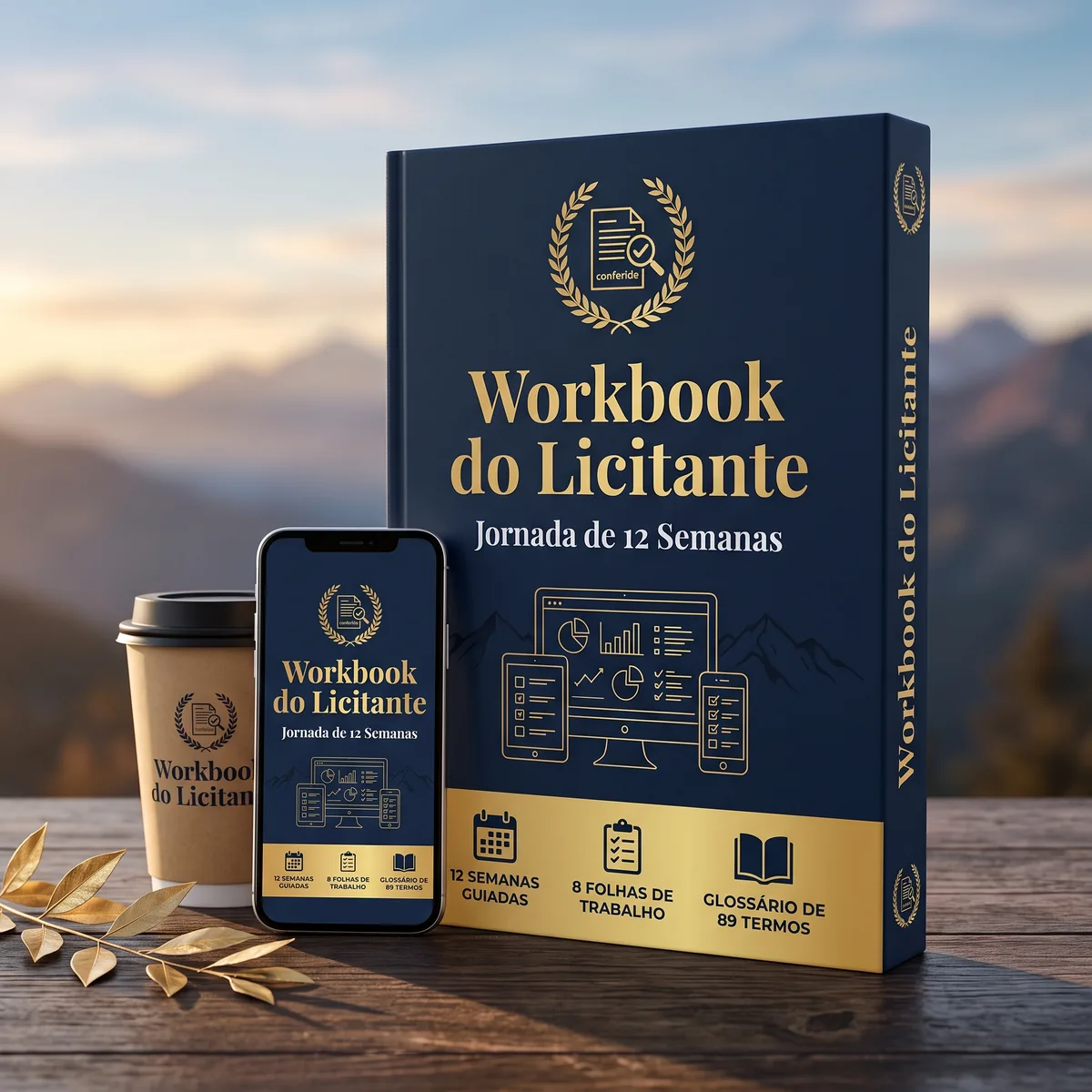O Workbook do Licitante: o livro em pé sobre uma mesa de madeira, ao lado de um celular que mostra a mesma capa. Na base da capa, três selos: 12 semanas guiadas, as folhas de trabalho e o glossário de 89 termos.