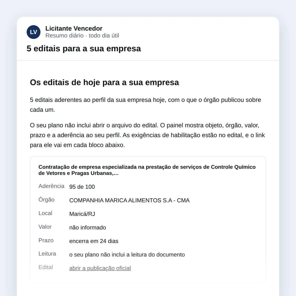 E-mail do resumo diário do Licitante Vencedor com o assunto "5 editais para a sua empresa", mostrando o primeiro edital: controle de pragas urbanas para a Companhia Maricá Alimentos, em Maricá/RJ, com aderência de 95 de 100.
