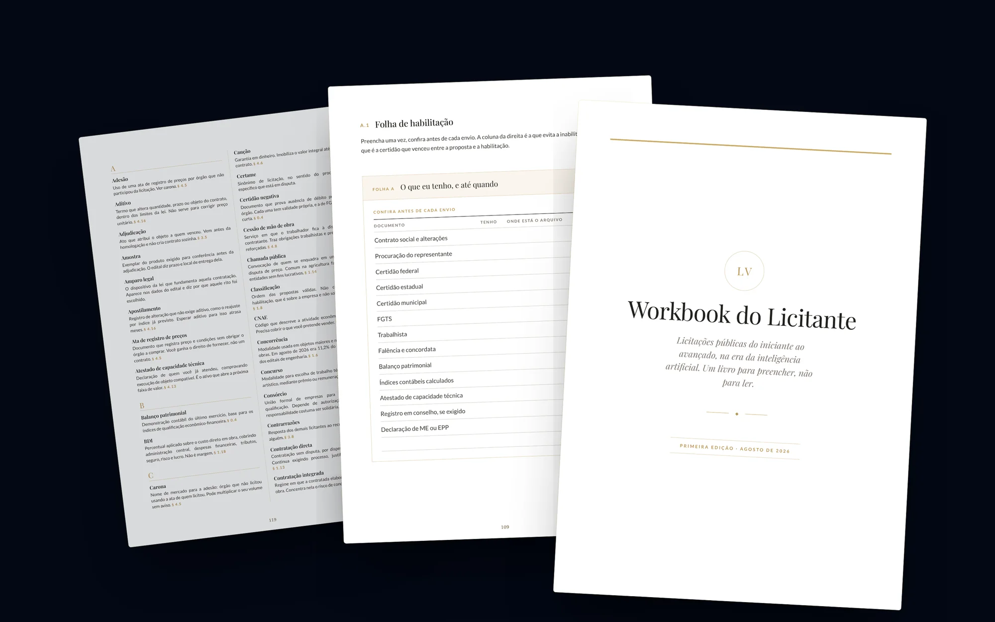Três páginas do Workbook do Licitante: a capa, a folha de habilitação com a lista de documentos para conferir antes de cada envio, e duas colunas do glossário.